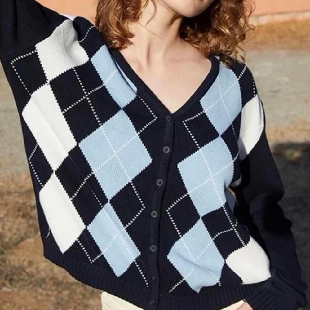 BRANDY MELVILLE Argyle V-Neck Cardigan Sweater Size Small